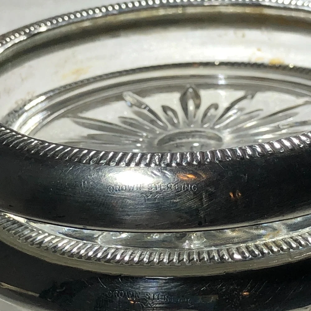 VINTAGE CROWN STERLING & CRYSTAL SUNBURST COASTERS OR ASHTRAYS - SET OF 2
